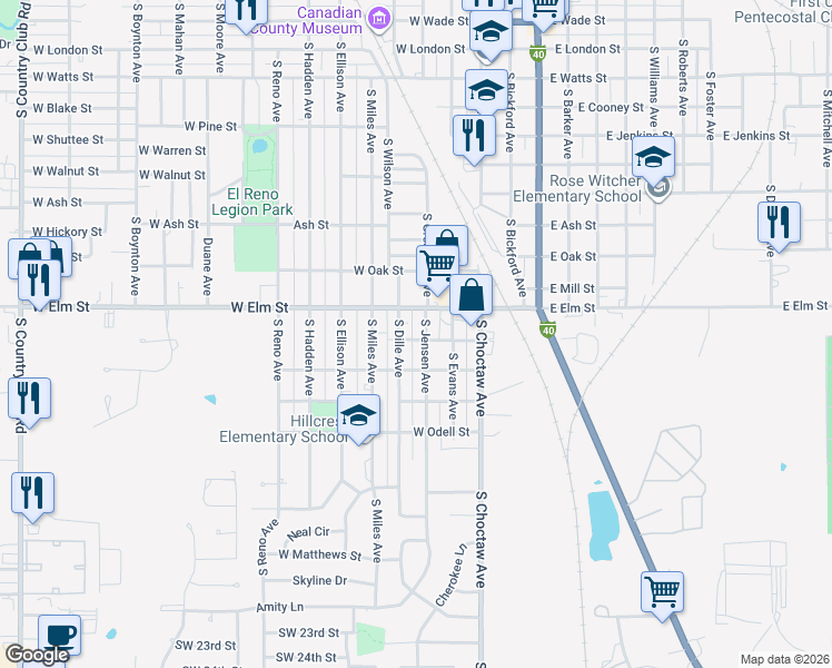 map of restaurants, bars, coffee shops, grocery stores, and more near 1320 South Jensen Avenue in El Reno