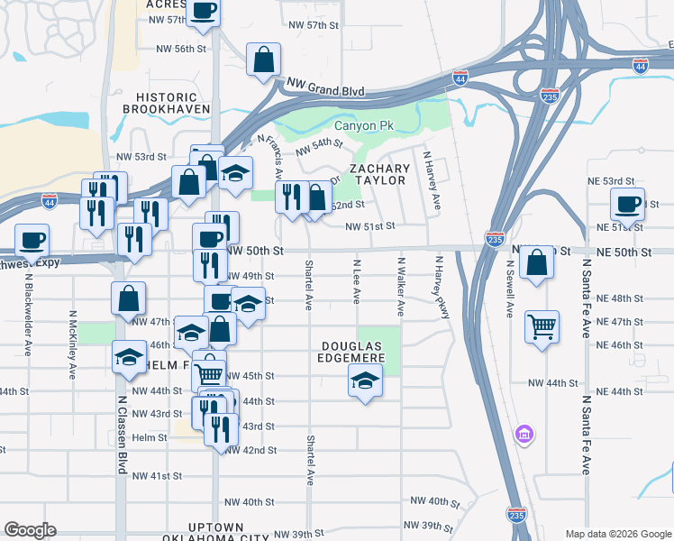 map of restaurants, bars, coffee shops, grocery stores, and more near 619 Northwest 49th Street in Oklahoma City