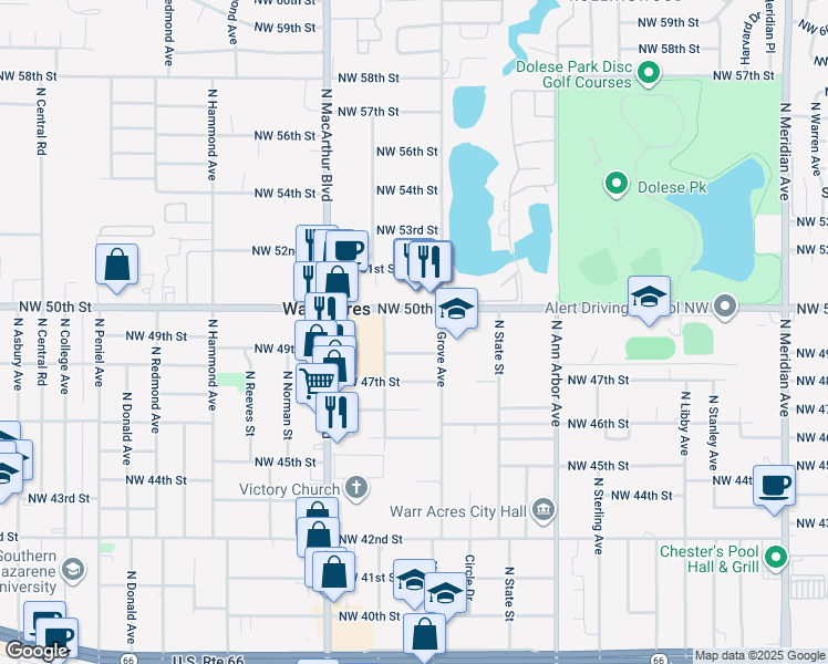 map of restaurants, bars, coffee shops, grocery stores, and more near 5808 Northwest 50th Street in Warr Acres