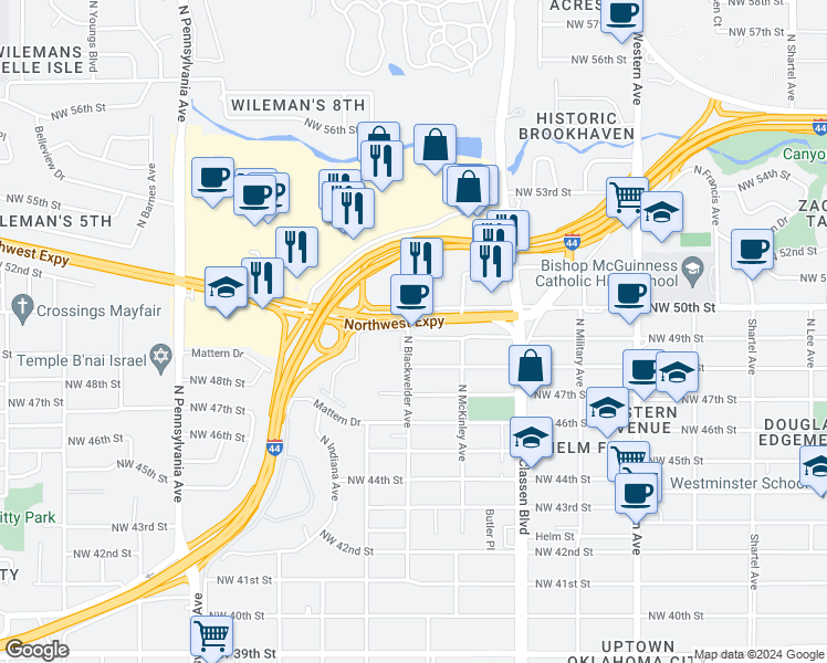 map of restaurants, bars, coffee shops, grocery stores, and more near 5000 North Blackwelder Avenue in Oklahoma City