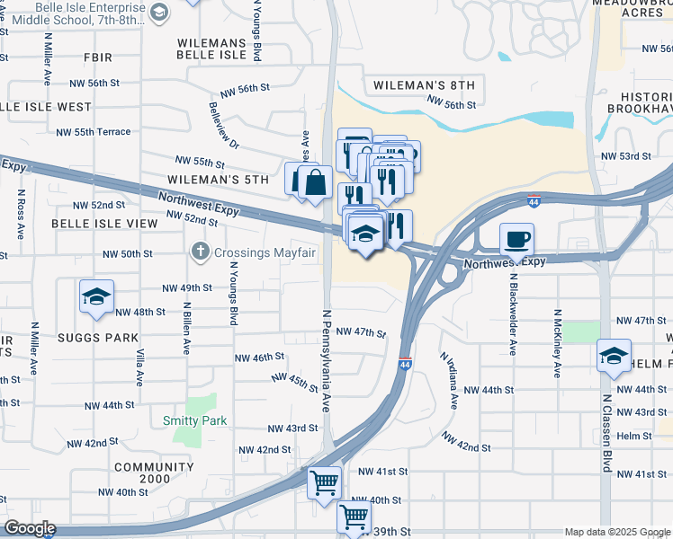 map of restaurants, bars, coffee shops, grocery stores, and more near 5000 North Pennsylvania Avenue in Oklahoma City