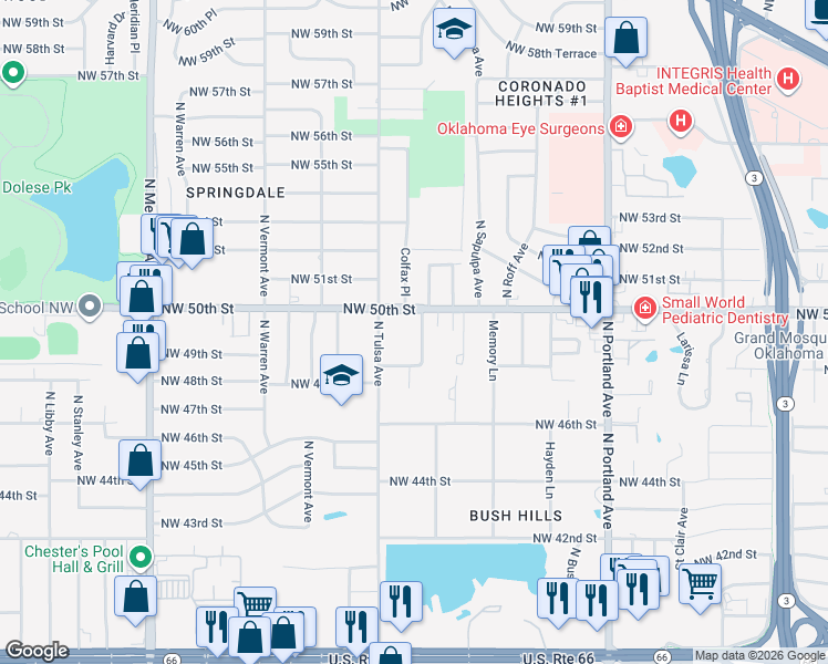 map of restaurants, bars, coffee shops, grocery stores, and more near 5004 North Tulsa Avenue in Oklahoma City