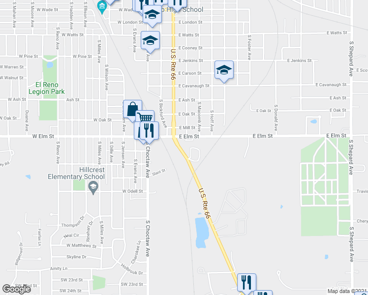 map of restaurants, bars, coffee shops, grocery stores, and more near 1305-1301 West Shuttee Street in El Reno