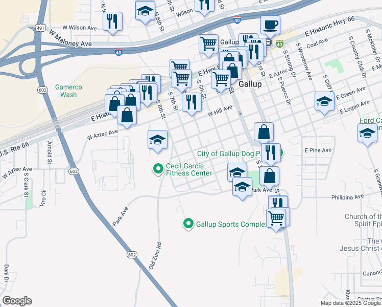 map of restaurants, bars, coffee shops, grocery stores, and more near 602 South 7th Street in Gallup