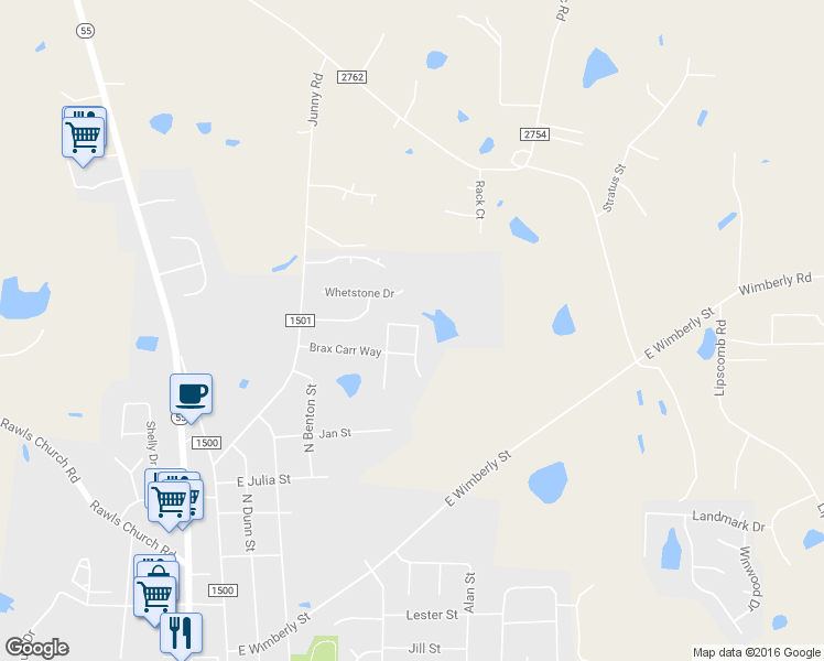 map of restaurants, bars, coffee shops, grocery stores, and more near 144 Arbor Loop in Angier