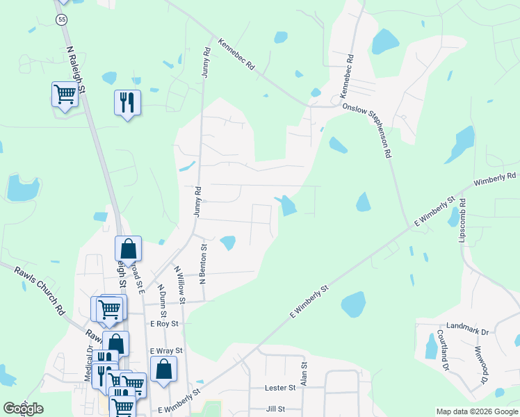 map of restaurants, bars, coffee shops, grocery stores, and more near 144 Arbor Loop in Angier