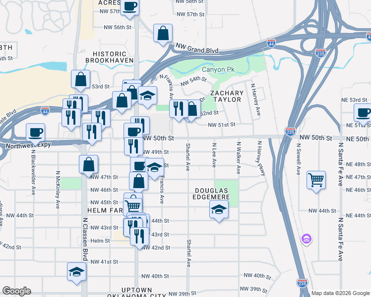 map of restaurants, bars, coffee shops, grocery stores, and more near 801 Northwest 49th Street in Oklahoma City