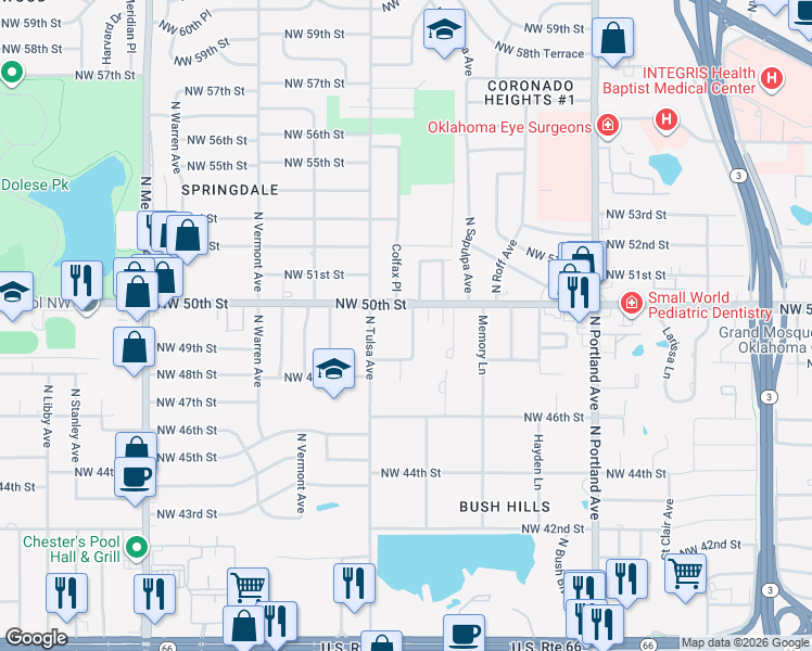 map of restaurants, bars, coffee shops, grocery stores, and more near 5004 North Tulsa Avenue in Oklahoma City
