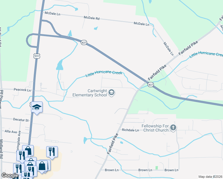 map of restaurants, bars, coffee shops, grocery stores, and more near 1723 Fairfield Pike in Shelbyville