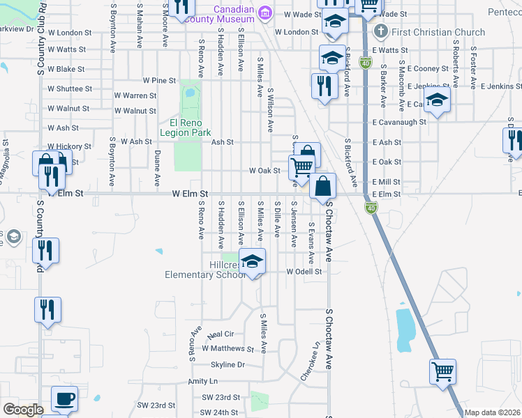 map of restaurants, bars, coffee shops, grocery stores, and more near 1021 South Miles Avenue in El Reno