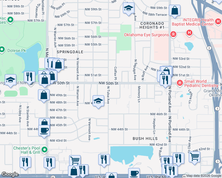 map of restaurants, bars, coffee shops, grocery stores, and more near 5004 North Tulsa Avenue in Oklahoma City