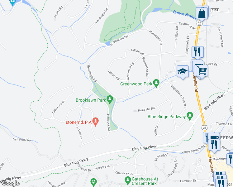 map of restaurants, bars, coffee shops, grocery stores, and more near 5 Brookside Road in Biltmore Forest