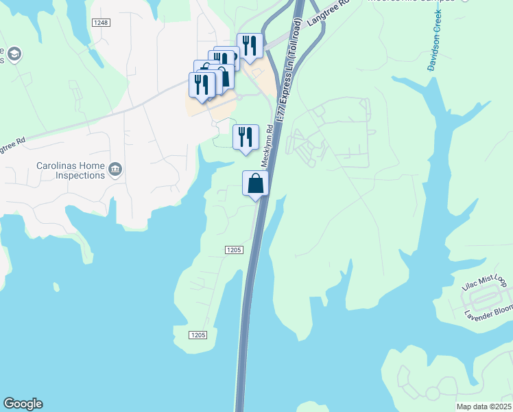 map of restaurants, bars, coffee shops, grocery stores, and more near 115 Mecklynn Road in Mooresville