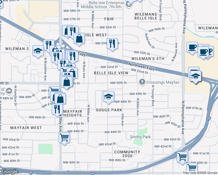 map of restaurants, bars, coffee shops, grocery stores, and more near 5016 North Linn Avenue in Oklahoma City