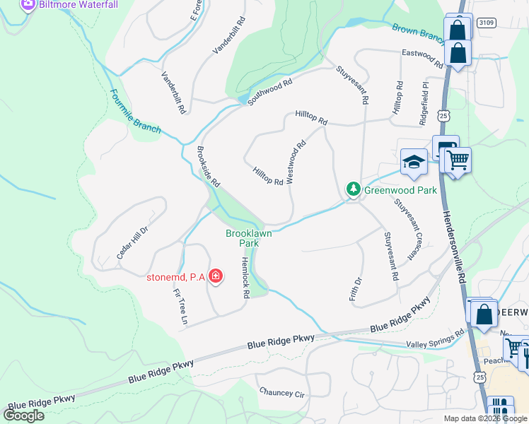 map of restaurants, bars, coffee shops, grocery stores, and more near 5 Brookside Road in Biltmore Forest