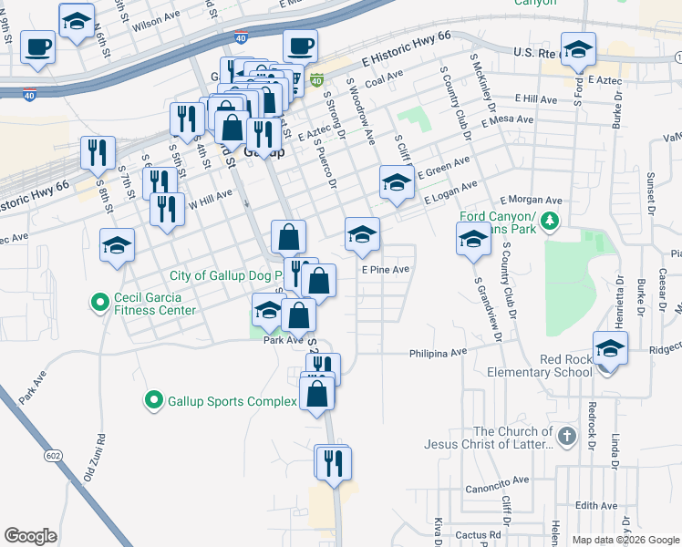 map of restaurants, bars, coffee shops, grocery stores, and more near 800-818 Laguna Circle in Gallup