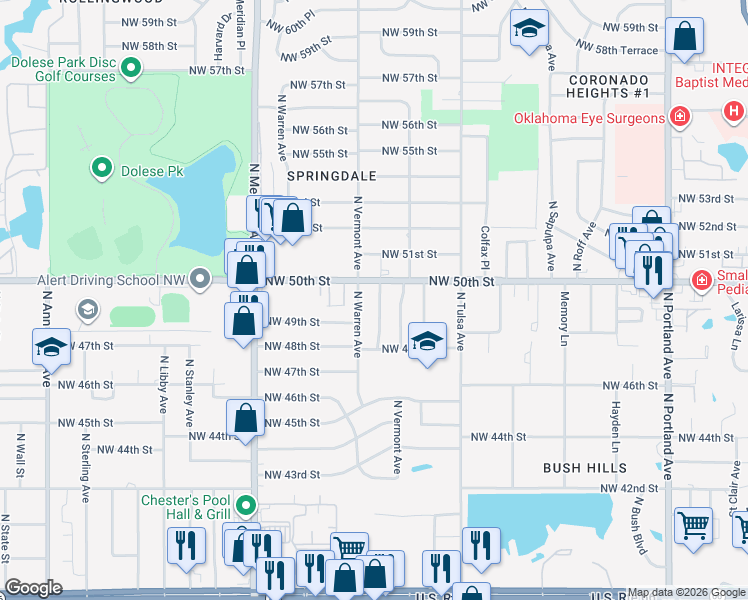 map of restaurants, bars, coffee shops, grocery stores, and more near 5005 North Utah Avenue in Oklahoma City