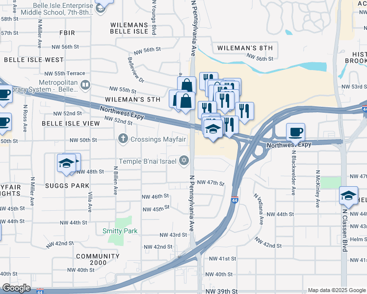 map of restaurants, bars, coffee shops, grocery stores, and more near 5001 North Pennsylvania Avenue in Oklahoma City