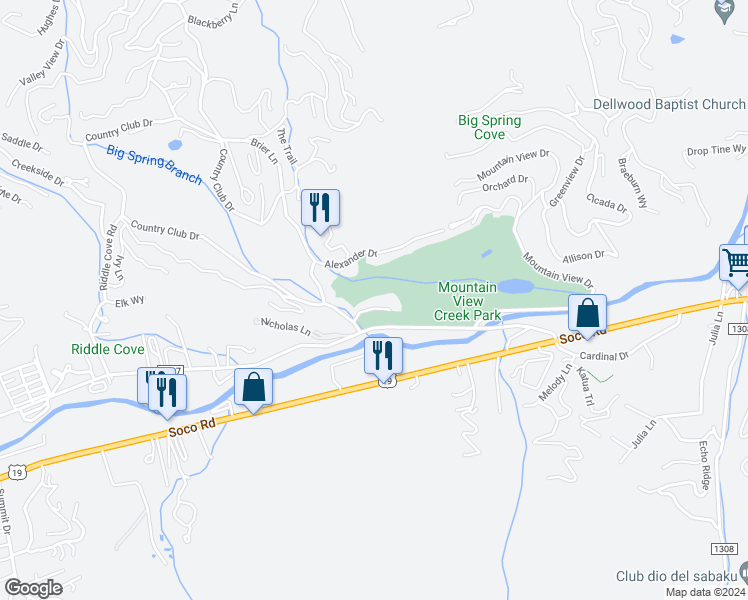 map of restaurants, bars, coffee shops, grocery stores, and more near 65 Glenview Lane in Maggie Valley
