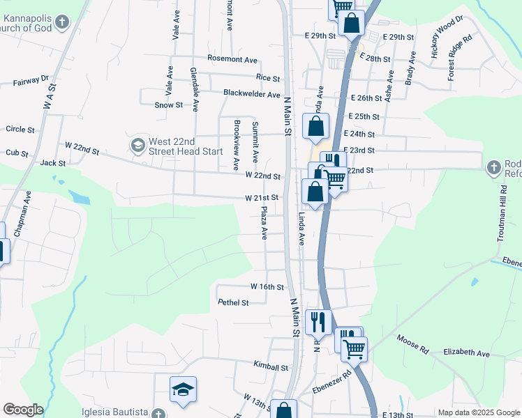 map of restaurants, bars, coffee shops, grocery stores, and more near 202 West 20th Street in Kannapolis