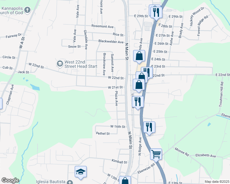 map of restaurants, bars, coffee shops, grocery stores, and more near 202 West 20th Street in Kannapolis