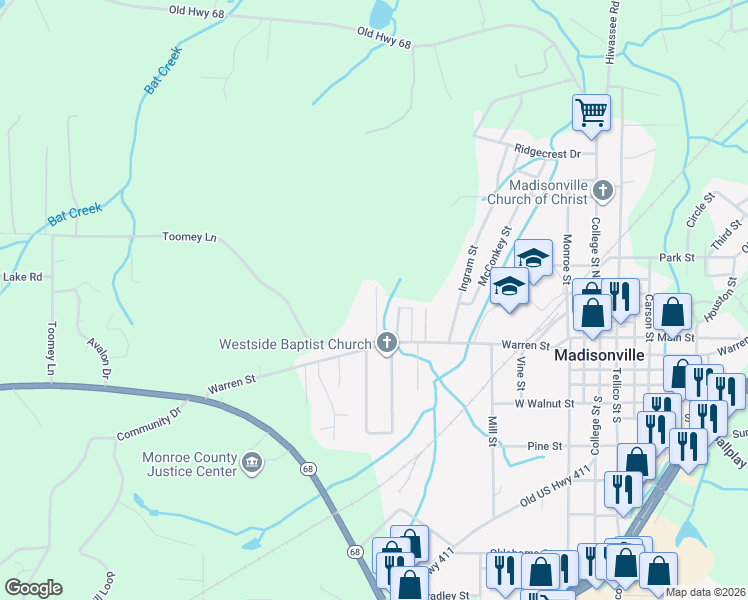 map of restaurants, bars, coffee shops, grocery stores, and more near 119 Toomey Lane in Madisonville