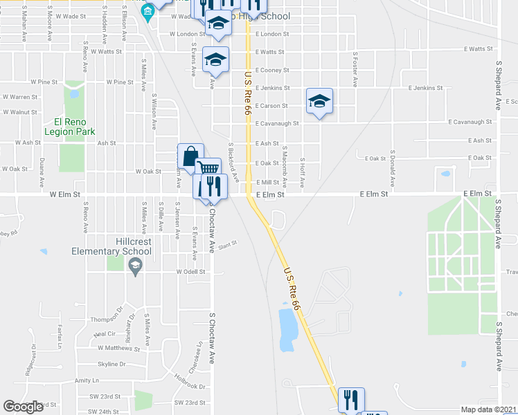 map of restaurants, bars, coffee shops, grocery stores, and more near 1305-1301 West Shuttee Street in El Reno