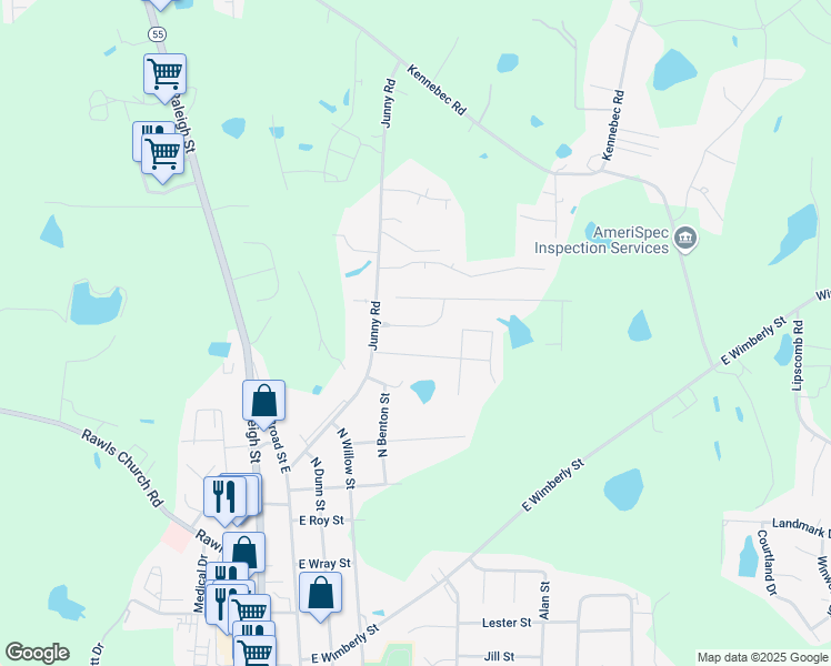 map of restaurants, bars, coffee shops, grocery stores, and more near 86 Kerrylane Drive in Angier