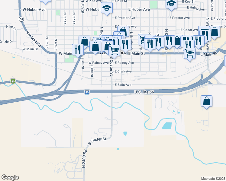map of restaurants, bars, coffee shops, grocery stores, and more near Interstate 40 in Weatherford