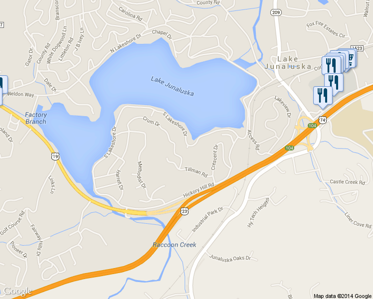 map of restaurants, bars, coffee shops, grocery stores, and more near 15 Moody View Drive in Lake Junaluska
