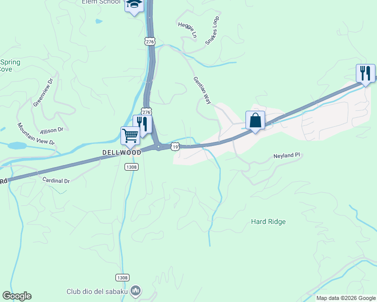 map of restaurants, bars, coffee shops, grocery stores, and more near 3523 Dellwood Road in Waynesville