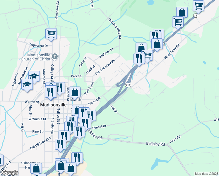 map of restaurants, bars, coffee shops, grocery stores, and more near 110 Warren Street in Madisonville