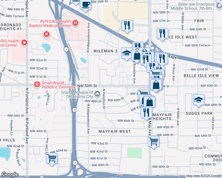 map of restaurants, bars, coffee shops, grocery stores, and more near 3155 Nimitz Boulevard in Oklahoma City