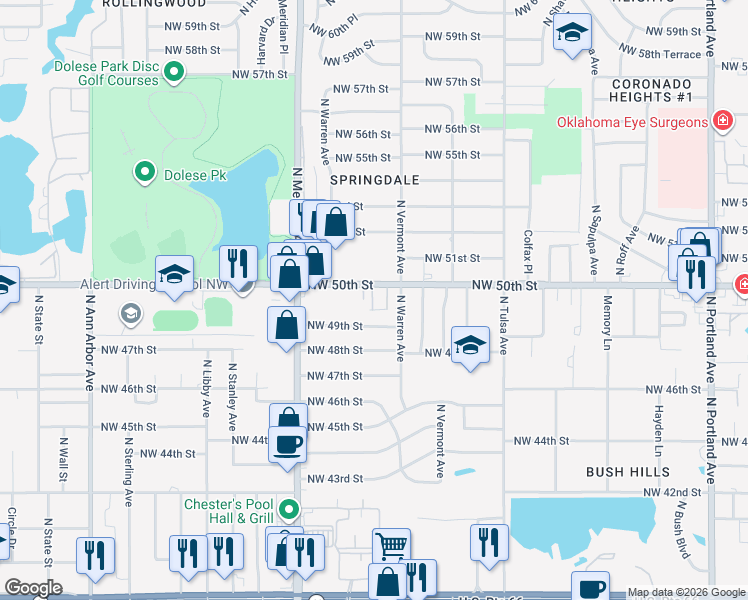 map of restaurants, bars, coffee shops, grocery stores, and more near 4315 Northwest 49th Street in Oklahoma City