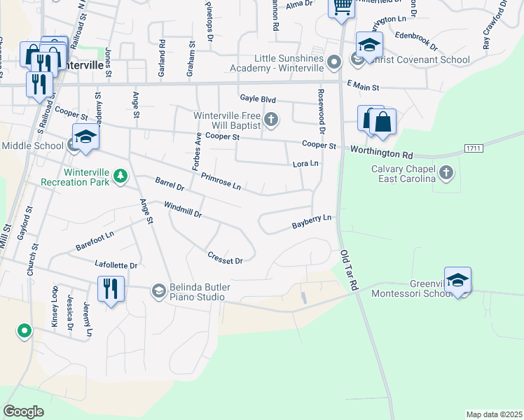 map of restaurants, bars, coffee shops, grocery stores, and more near 566 Bayberry Lane in Winterville