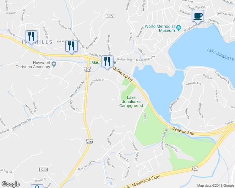 map of restaurants, bars, coffee shops, grocery stores, and more near 80 Jule Noland Drive in Waynesville