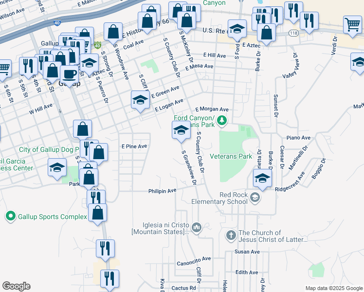 map of restaurants, bars, coffee shops, grocery stores, and more near 1001 South Grandview Drive in Gallup
