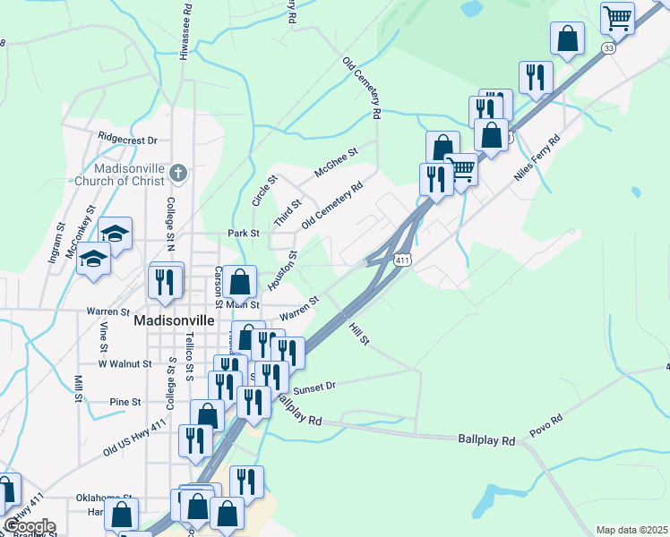 map of restaurants, bars, coffee shops, grocery stores, and more near 110 Warren Street in Madisonville