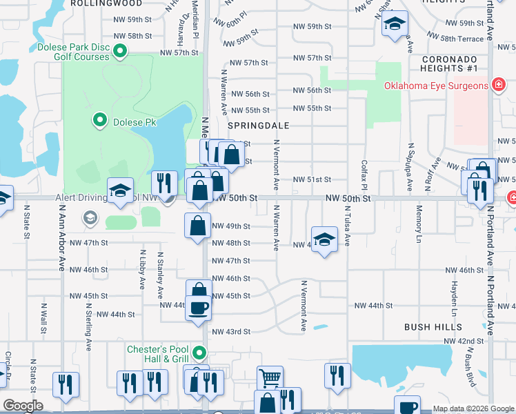 map of restaurants, bars, coffee shops, grocery stores, and more near 4315 Northwest 49th Street in Oklahoma City