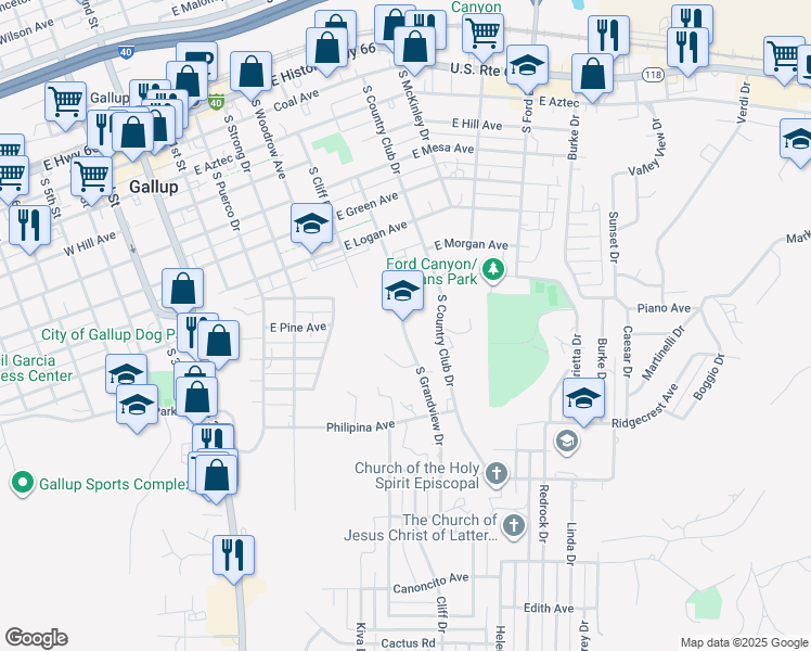 map of restaurants, bars, coffee shops, grocery stores, and more near 1001 South Grandview Drive in Gallup
