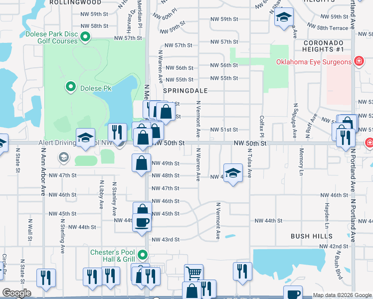 map of restaurants, bars, coffee shops, grocery stores, and more near 4320 Northwest 50th Street in Oklahoma City