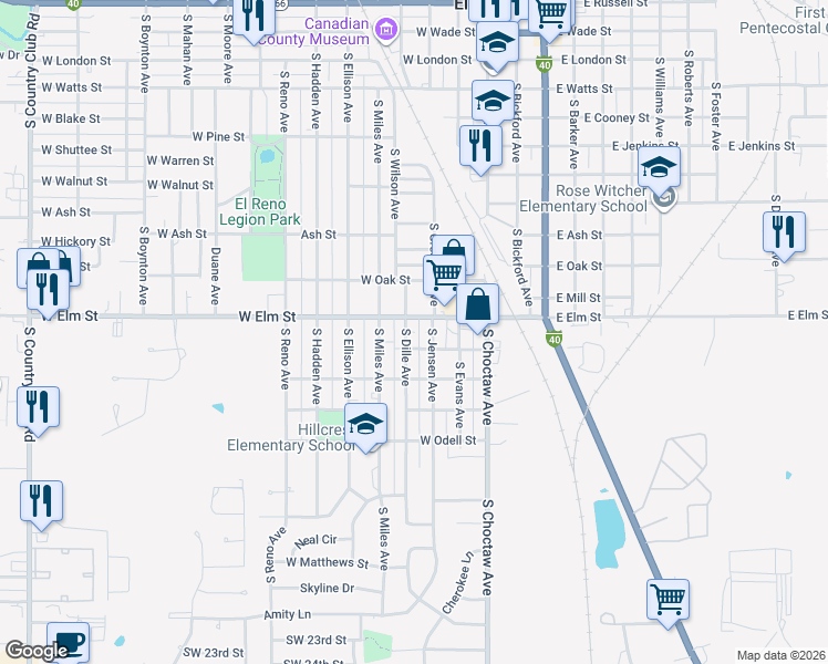 map of restaurants, bars, coffee shops, grocery stores, and more near 1320 South Jensen Avenue in El Reno
