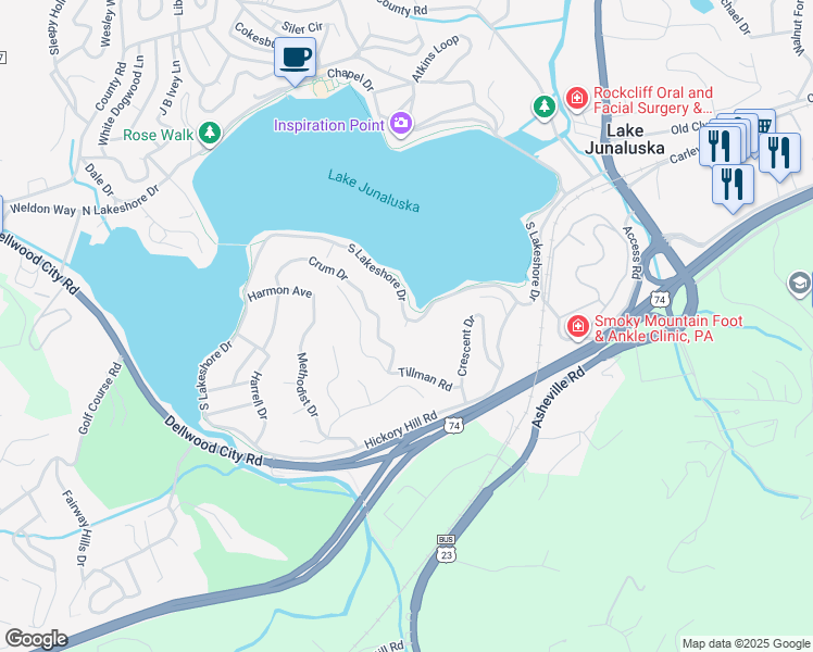 map of restaurants, bars, coffee shops, grocery stores, and more near 15 Moody View Drive in Lake Junaluska