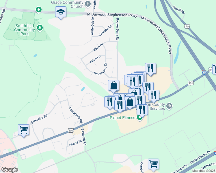 map of restaurants, bars, coffee shops, grocery stores, and more near 105 Heritage Drive in Smithfield