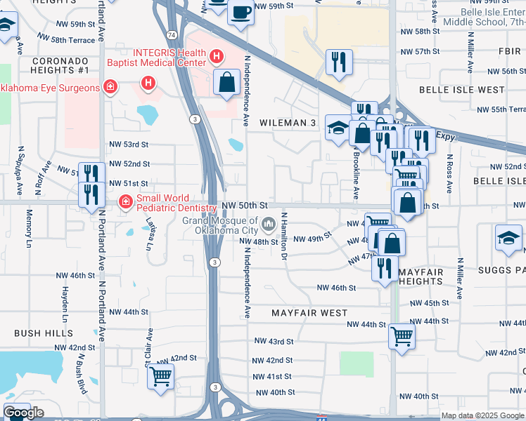 map of restaurants, bars, coffee shops, grocery stores, and more near 3224 Northwest 50th Street in Oklahoma City
