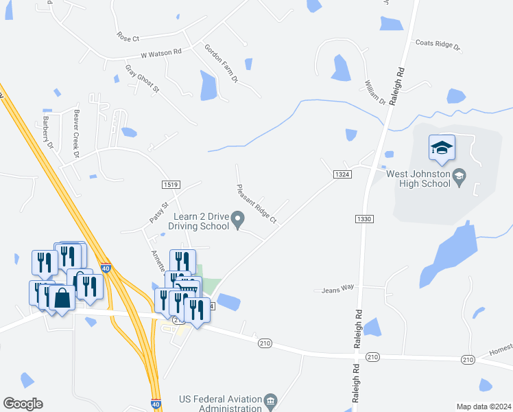 map of restaurants, bars, coffee shops, grocery stores, and more near Pleasant Ridge Court in Johnston County