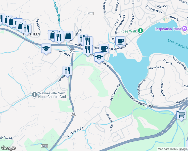 map of restaurants, bars, coffee shops, grocery stores, and more near 80 Jule Noland Drive in Waynesville