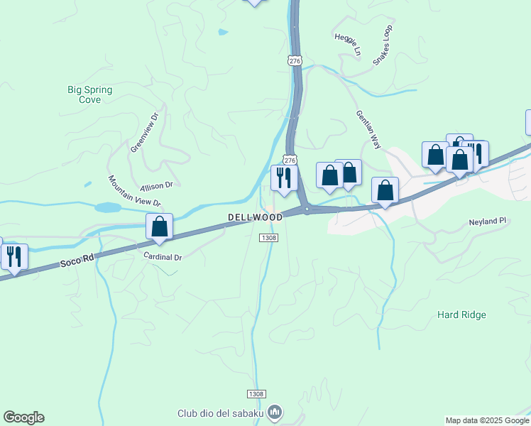 map of restaurants, bars, coffee shops, grocery stores, and more near 130 Soco Road in Maggie Valley