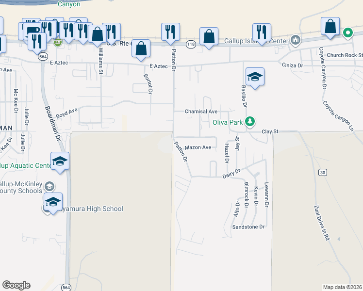 map of restaurants, bars, coffee shops, grocery stores, and more near 11 Native Drive in Gallup