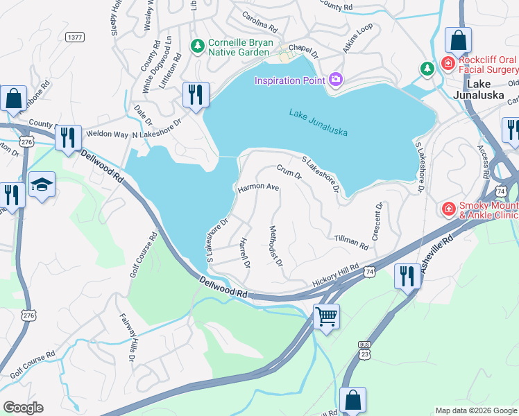 map of restaurants, bars, coffee shops, grocery stores, and more near 323 Methodist Drive in Lake Junaluska